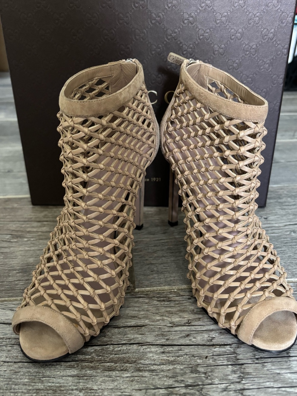Gucci Beige Woven Peep-Toe Stiletto Booties